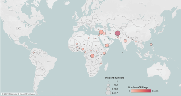 Map of global terrorism incident hotspots worldwide.